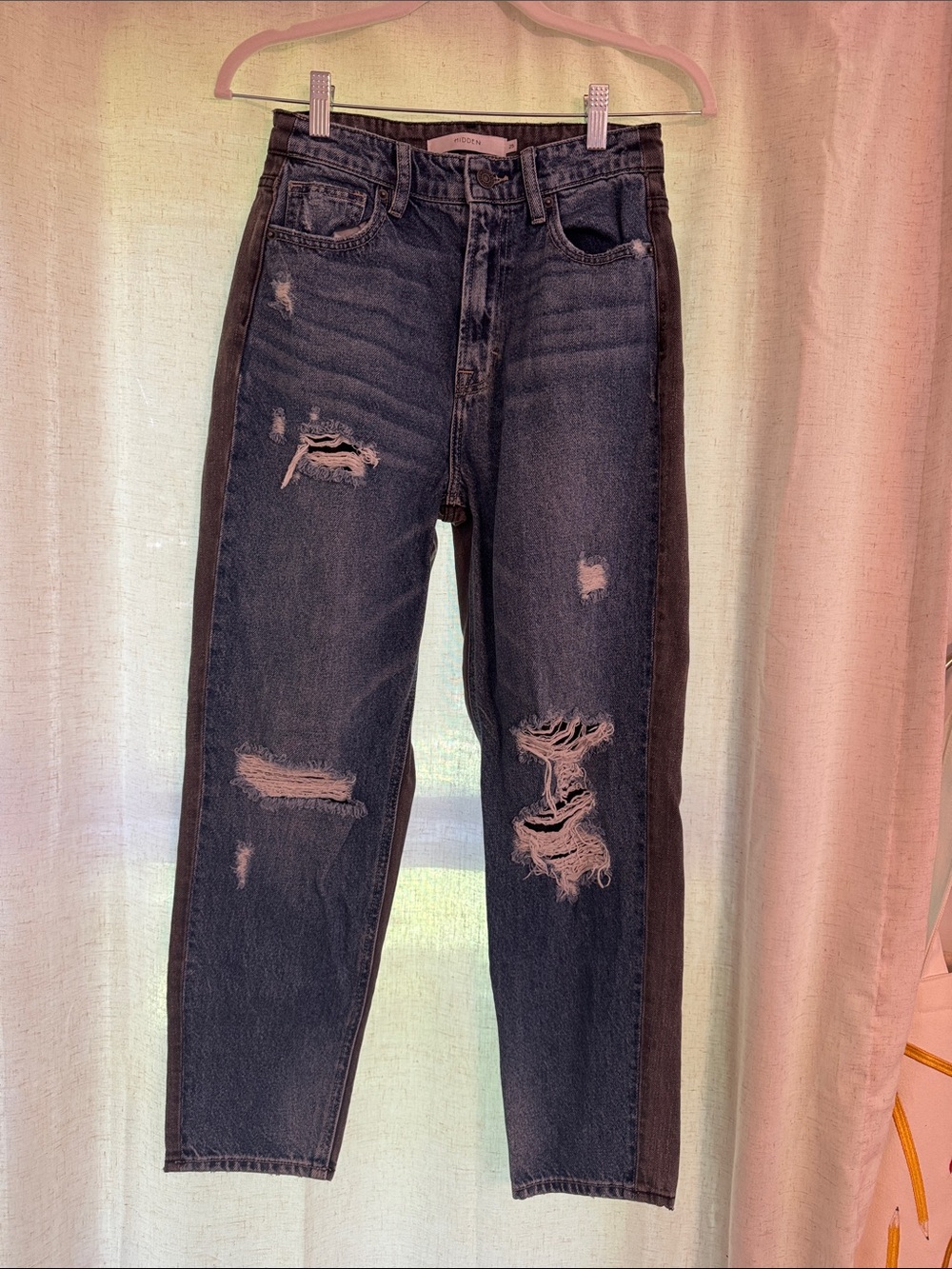 High-Rise Straight Leg Distressed Jeans - Washed Black